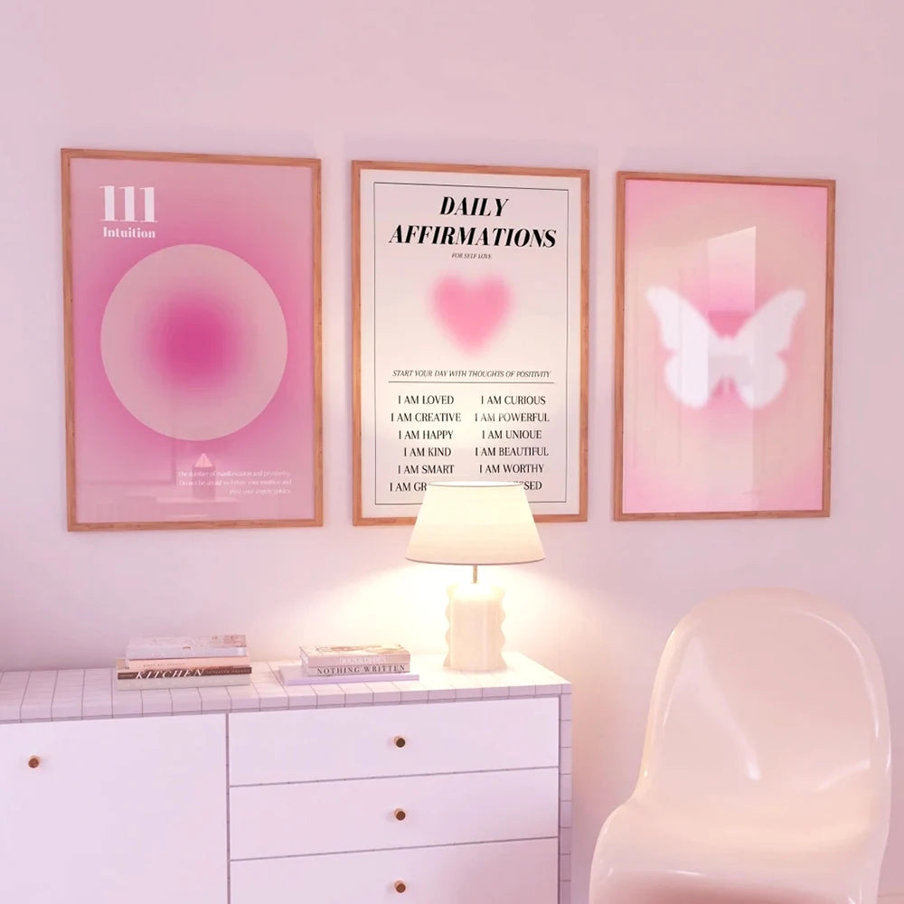 Pink Angel Aura Daily Affirmations Posters Wall Art Fine Art Canvas Prints Inspirational Pictures For Girl's Bedroom Living Room Art Decor