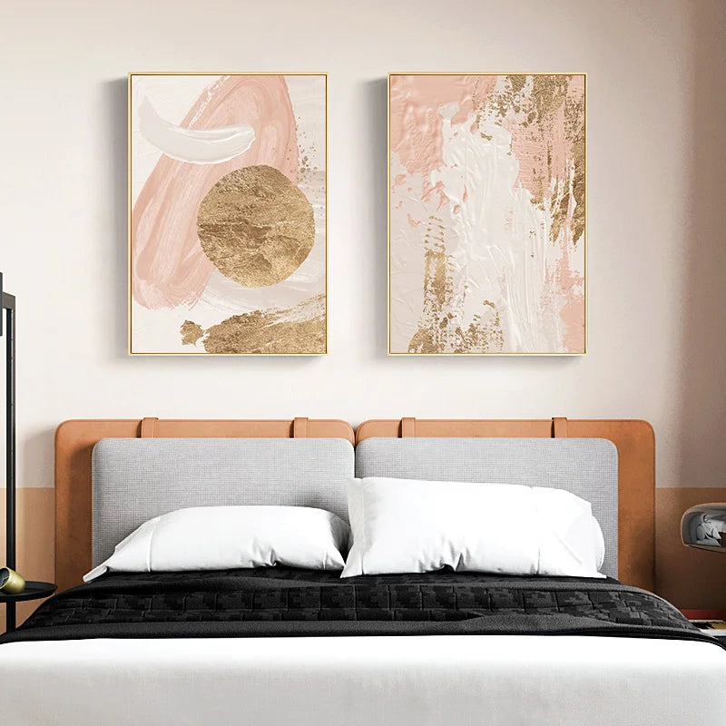 Pink Beige Golden Abstract Wall Art Fine Art Canvas Prints Pictures For Modern Living Room Bedroom Hotel Room Art Decor