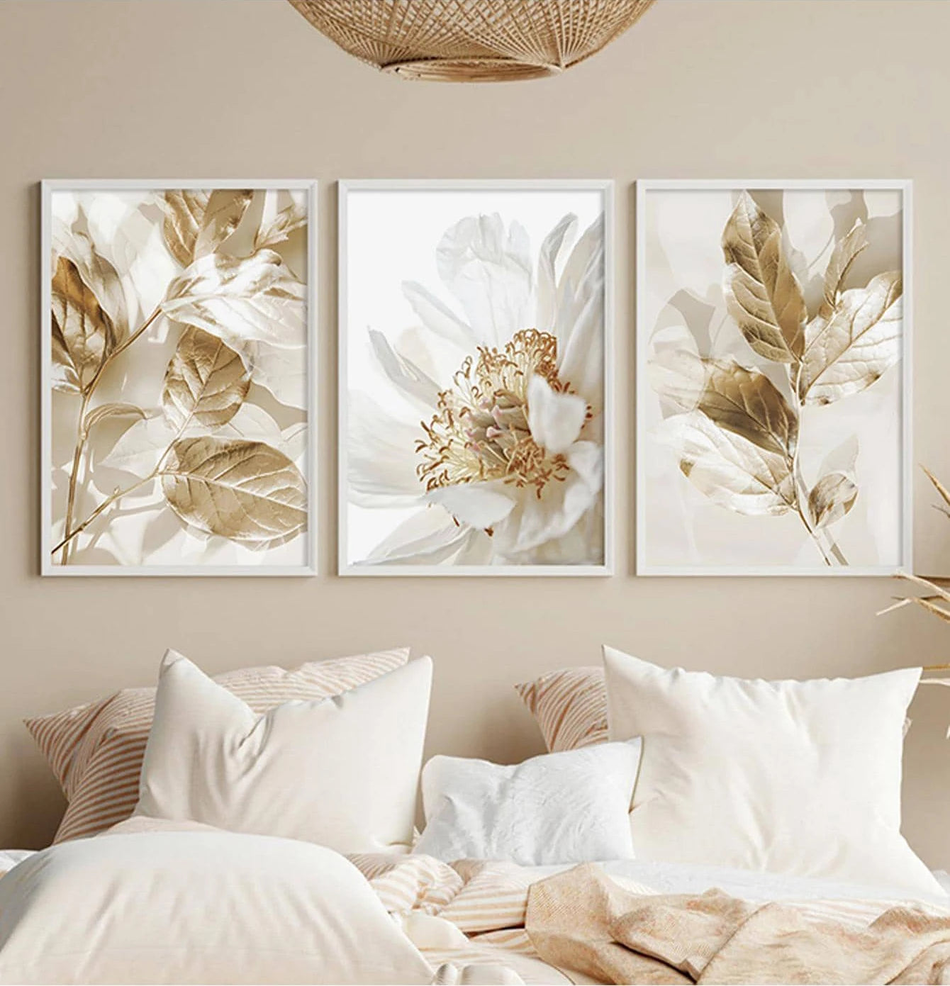 Modern White & Golden Floral Wall Art Fine Art Canvas Prints Pictures For Living Room Dining Room Bedroom Art Decor (Set of 3Pcs)