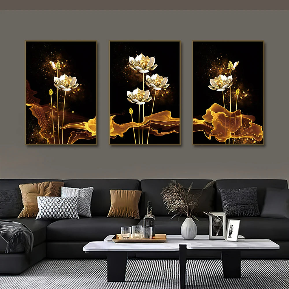 * Featured Sale * White Golden Lotus Exotic Floral Wall Art Fine Art Canvas Prints Exotic Botanic Pictures For Luxury Living Room Dining Room Bedroom Art Decor