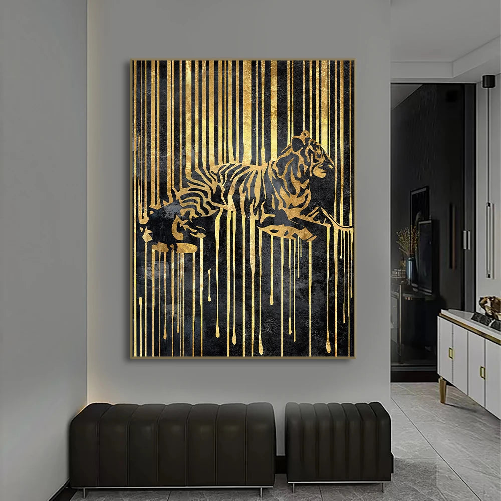 Modern Abstract Golden Zebra Lines Lion Elephant Tiger Wall Art Fine Art Canvas Prints Pictures For Luxury Apartment Living Room Dining Room Art Decor