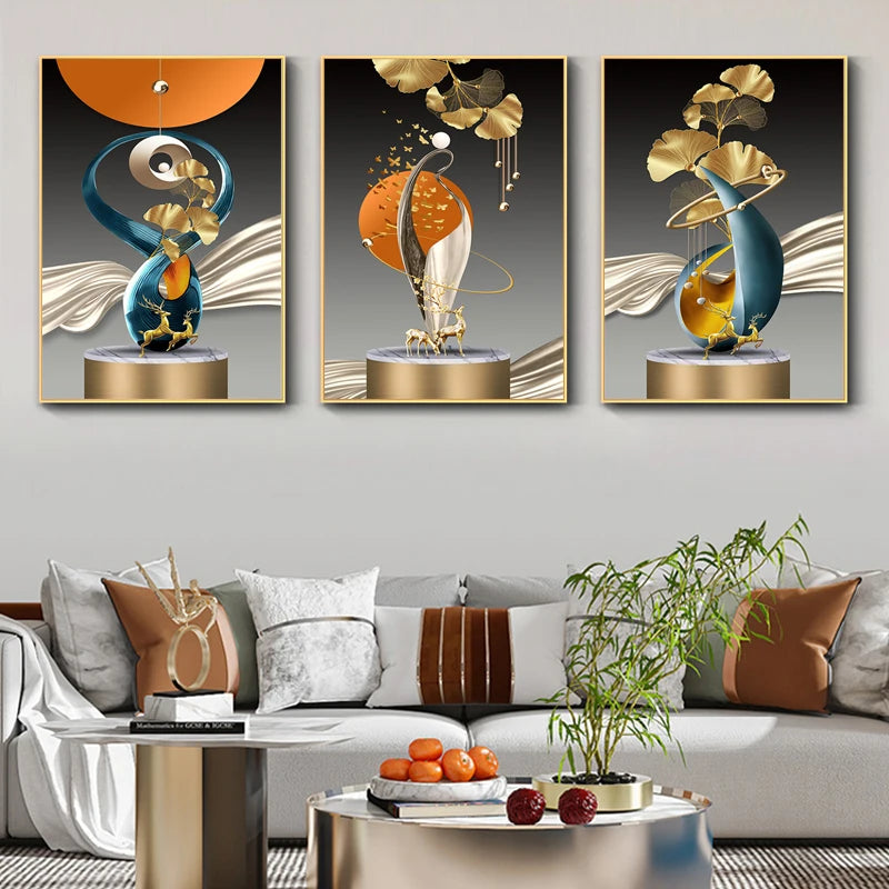 Modern Abstract Light Luxury Auspicious Golden Deer Wall Art Fine Art Canvas Prints Pictures For Living Room Dining Room Restaurant Art Decor
