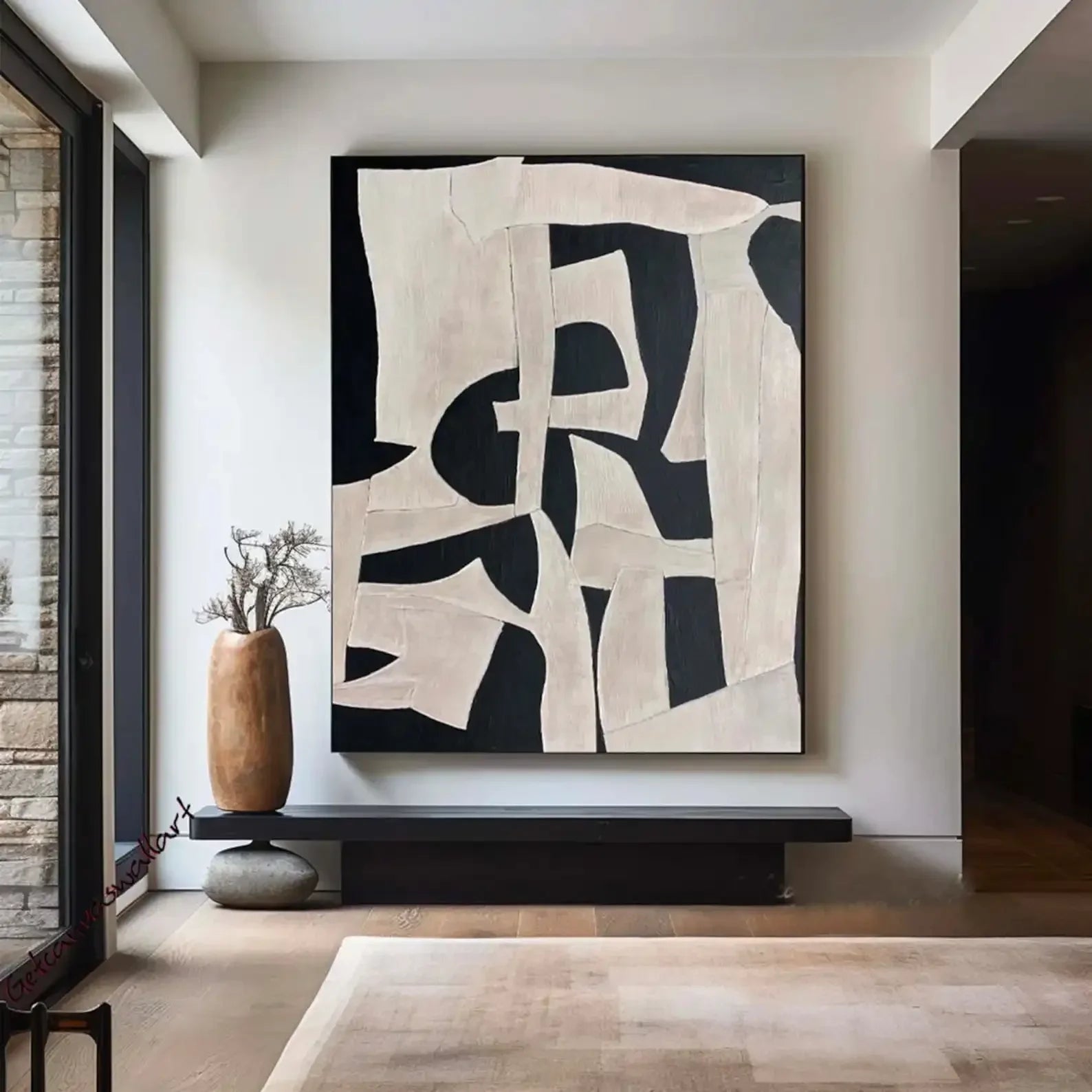 * Hand Painted * Black Beige Modern Abstract Art Large Format Canvas Oil Painting For Living Room Entrance Hall Foyer Art Decor - Unique Wall Art Hand Painted On Canvas (Unframed)