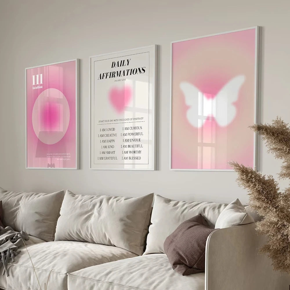 Pink Angel Aura Daily Affirmations Posters Wall Art Fine Art Canvas Prints Inspirational Pictures For Girl's Bedroom Living Room Art Decor