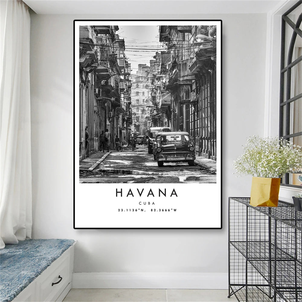 Cuba Havana Black & White Travel Poster Wall Art Fine Art Canvas Prints Pictures For Living Room Dining Room