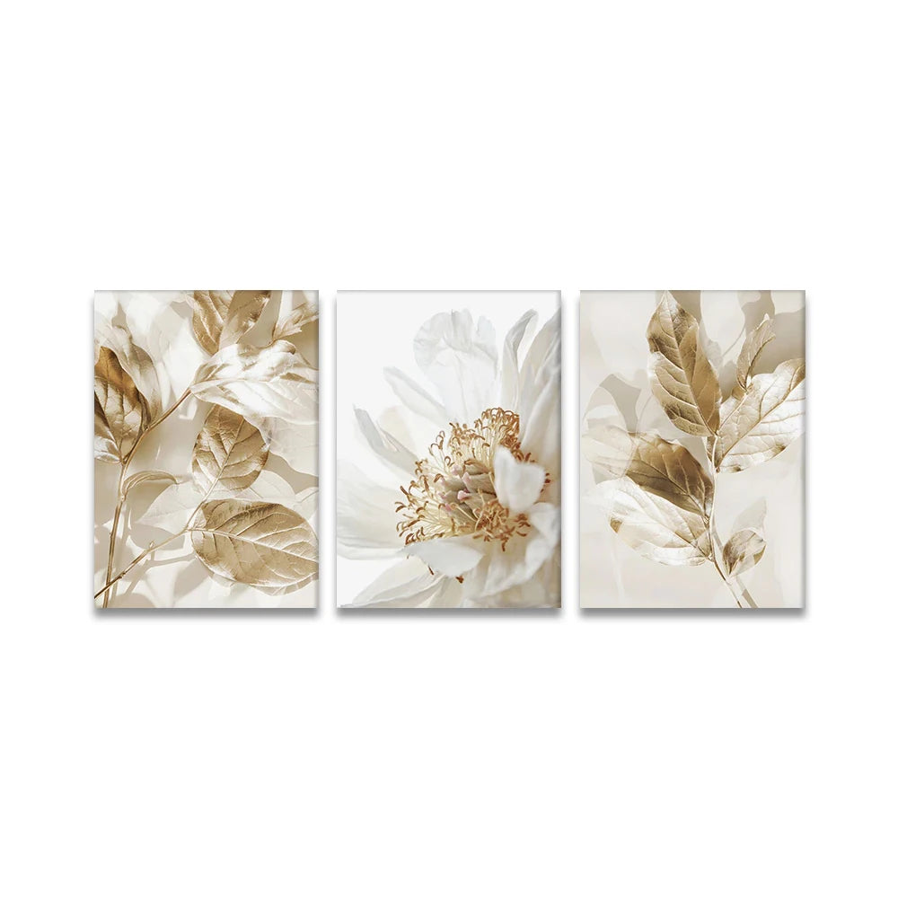 Modern White & Golden Floral Wall Art Fine Art Canvas Prints Pictures For Living Room Dining Room Bedroom Art Decor (Set of 3Pcs)