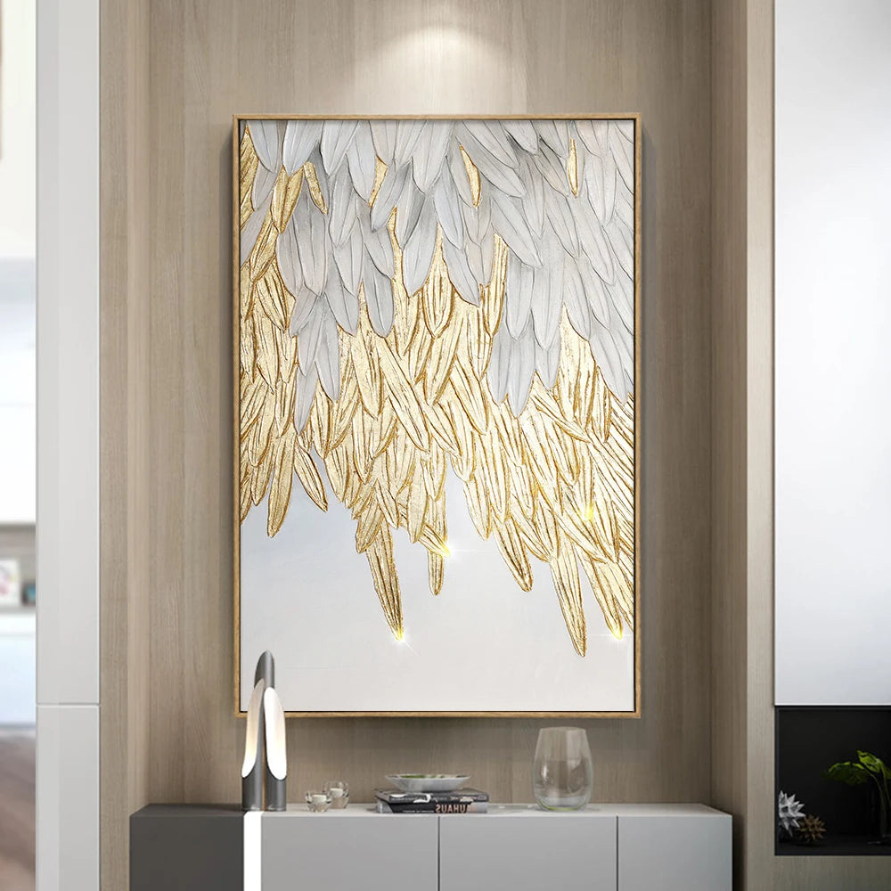 Modern Abstract Golden Feather Design Wall Art Fine Art Canvas Prints Picture For Luxury Living Room Bedroom Entranceway Foyer Art Decor