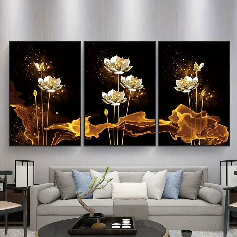 * Featured Sale * White Golden Lotus Exotic Floral Wall Art Fine Art Canvas Prints Exotic Botanic Pictures For Luxury Living Room Dining Room Bedroom Art Decor