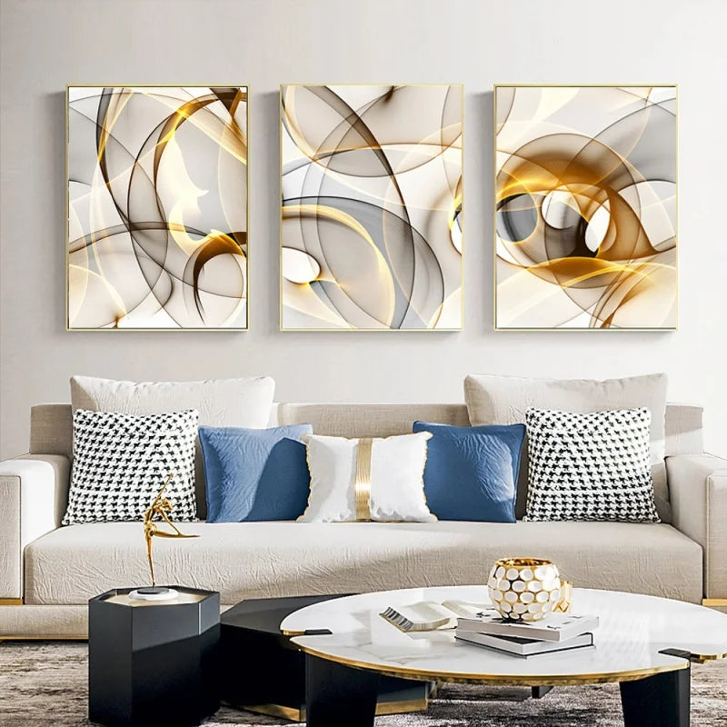 Abstract Flowing Black Golden Threads Wall Art Fine Art Canvas Prints Pictures For Modern Apartment Living Room Home Office Hotel Room Wall Decor