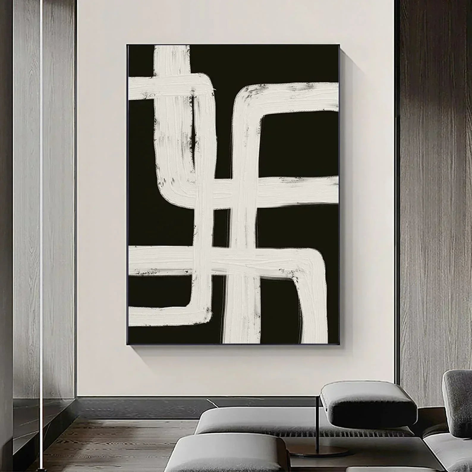 Hand Painted  Black Beige Modern Abstract Art Large Format Canvas Oil Painting For Living Room Entrance Hall Foyer Art Decor - Unique Wall Art Hand Painted On Canvas (Unframed)