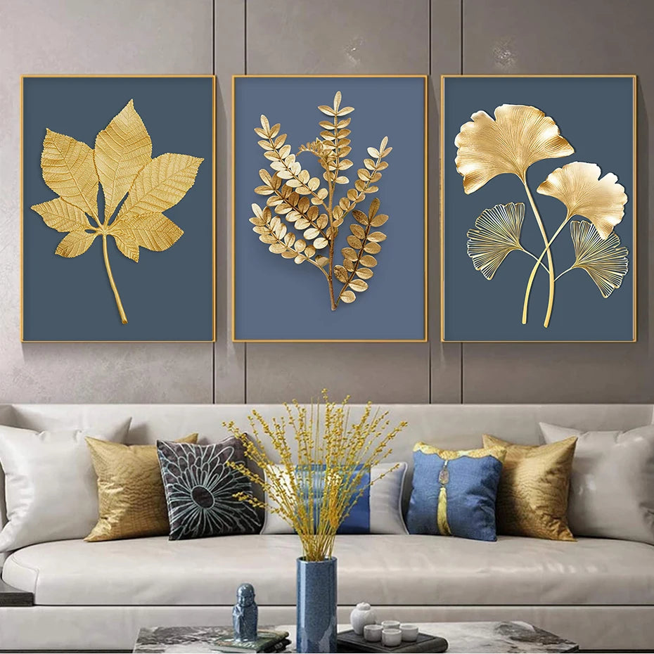 Blue Minimalist Golden Abstract Floral Wall Art Fine Art Canvas Prints Pictures For Luxury Living Room Dining Room Home Office Art Decor