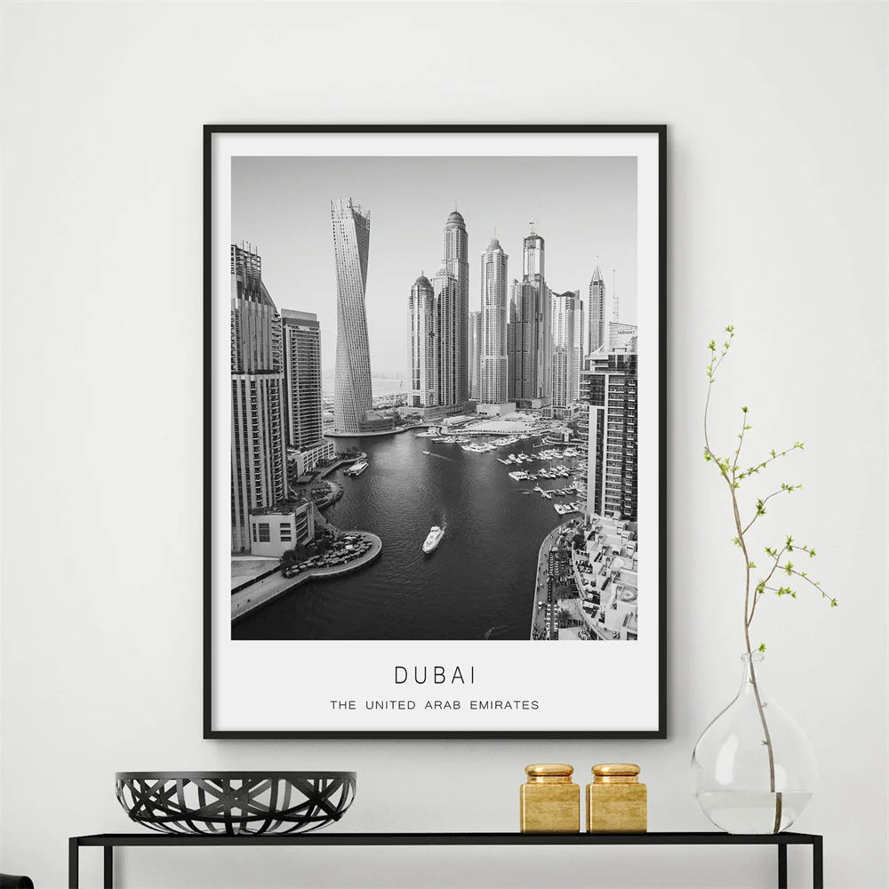 Dubai Travel Travel Poster Black and White Photo City Wall Art Prints United Arab Emirates Minimalist Office Canvas Painting