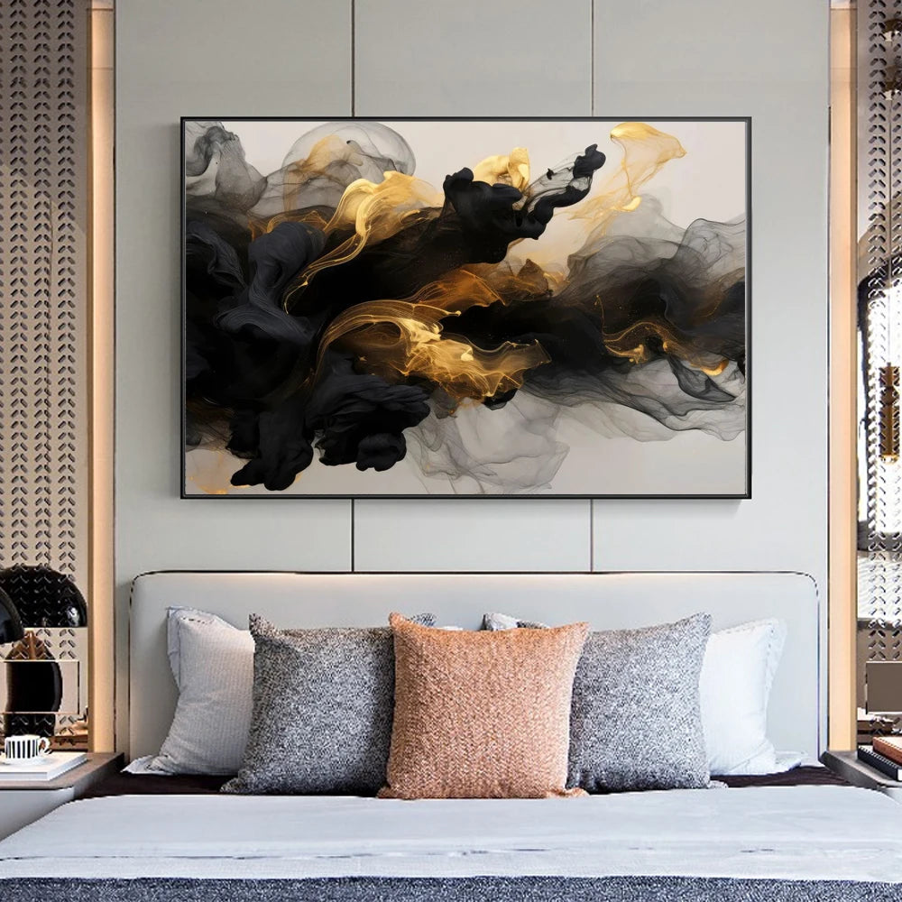 Modern Flowing Geometry Black Golden Abstract Wall Art Fine Art Canvas Prints Pictures For Living Room Dining Room Home Office Decor