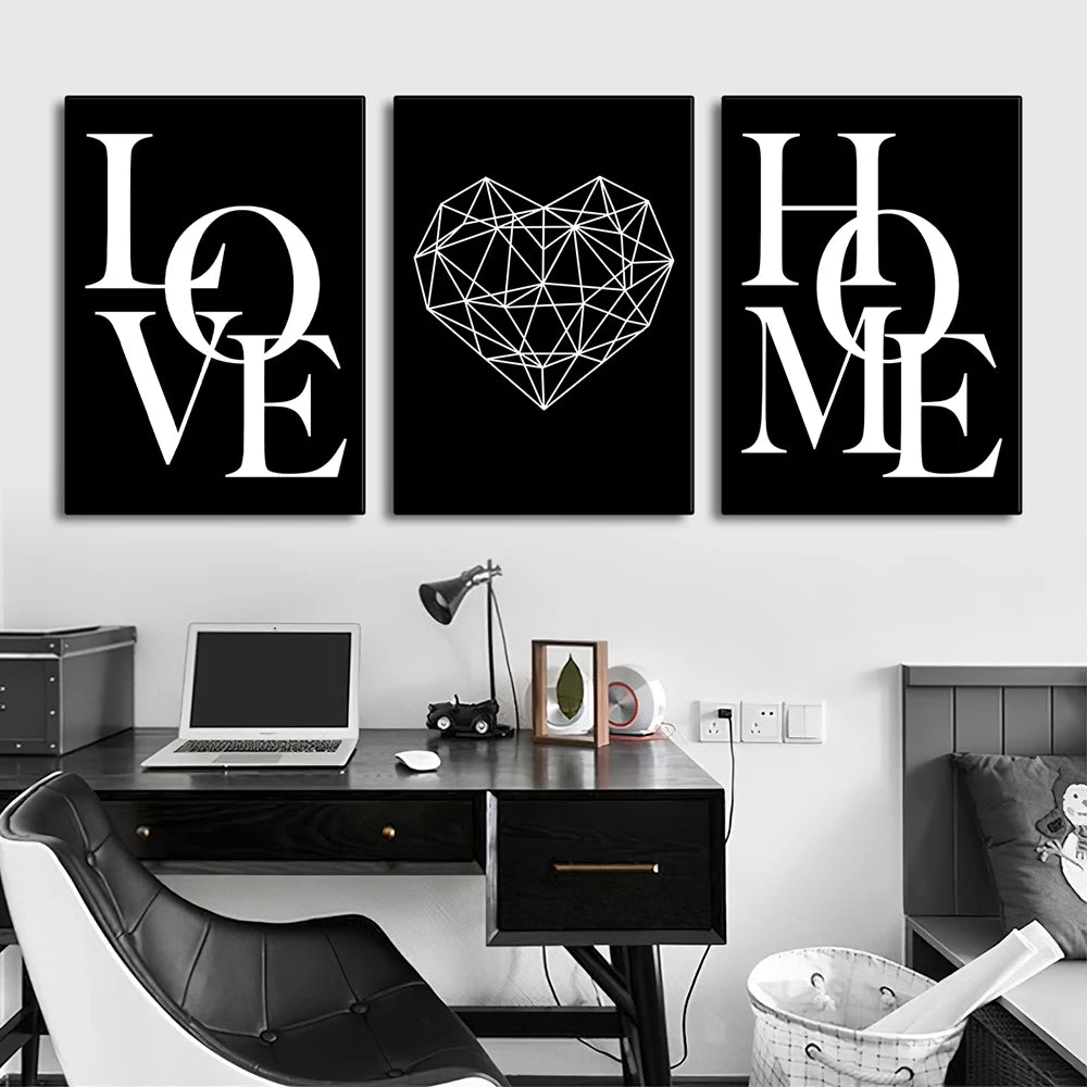 * Featured Sale * Set of 3Pcs Geometric Love Home Heart Wall Art Fine Art Canvas Prints Black White Minimalist Posters Pictures For Living Room Bedroom Art Decor