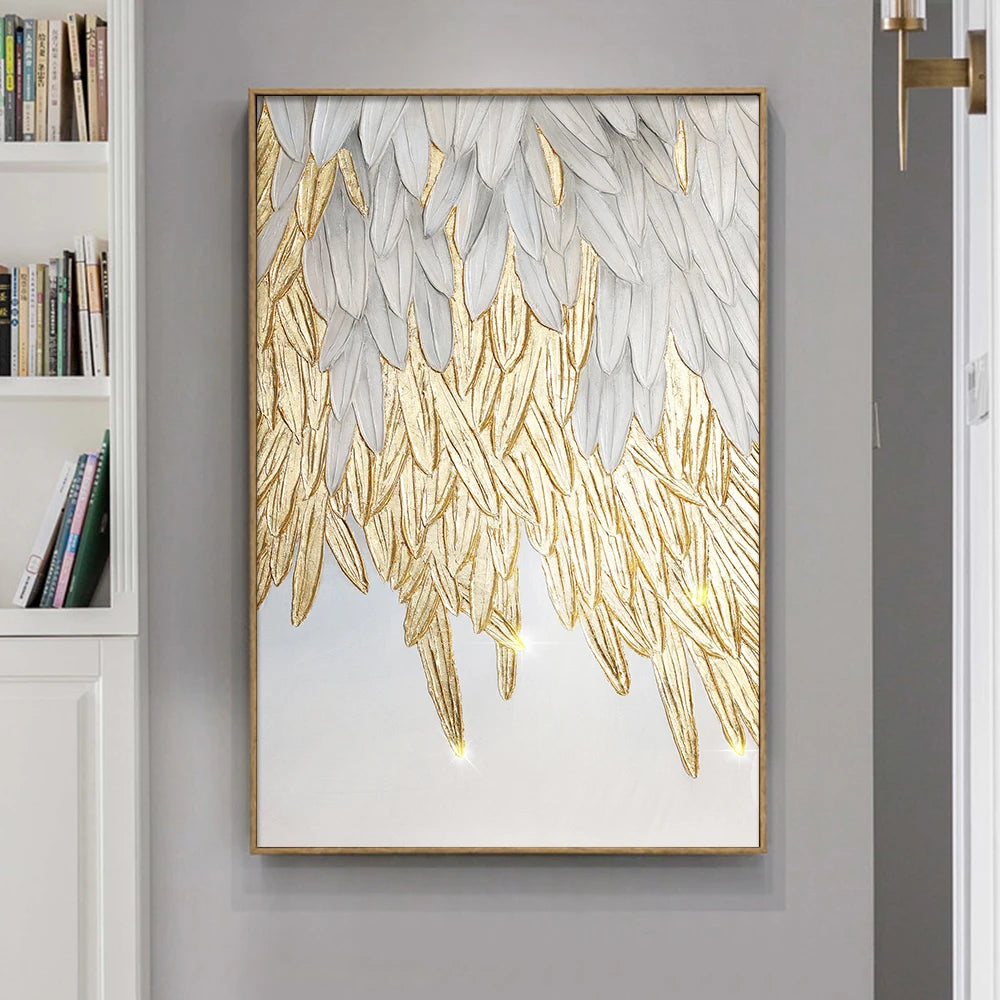 Modern Abstract Golden Feather Design Wall Art Fine Art Canvas Prints Picture For Luxury Living Room Bedroom Entranceway Foyer Art Decor