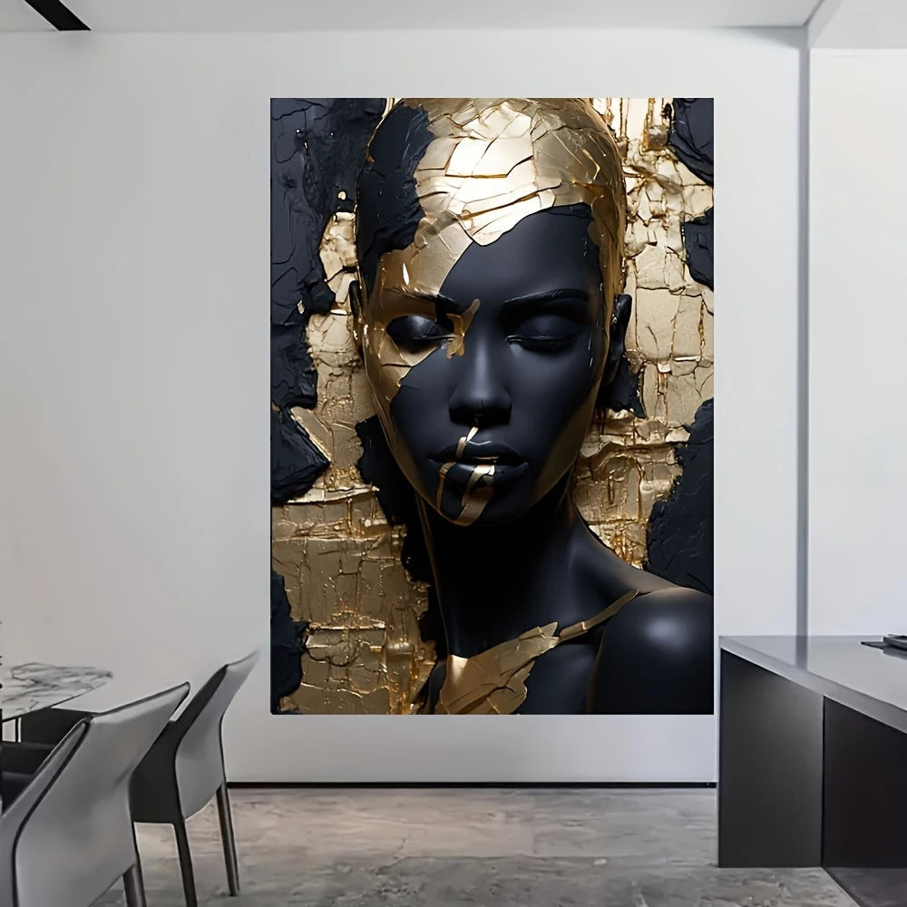 Modern Abstract Black Golden Woman Portrait Wall Art Fine Art Canvas Print Pictures For Entrance Foyer Reception Hallway Light Luxury Home Decor
