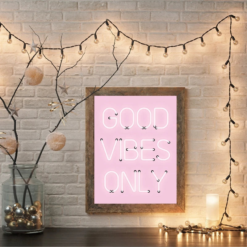 Good Vibes Only Neon Pink Poster Wall Art Fine Art Canvas Prints Positivity Picture For Living Room Girl's Bedroom Salon Art Decor