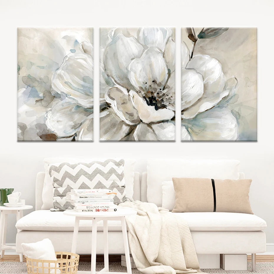 Big Beige White Floral Wall Art Fine Art Canvas Prints Modern Botanical Pictures For Living Room Dining Room Bedroom Art Decor