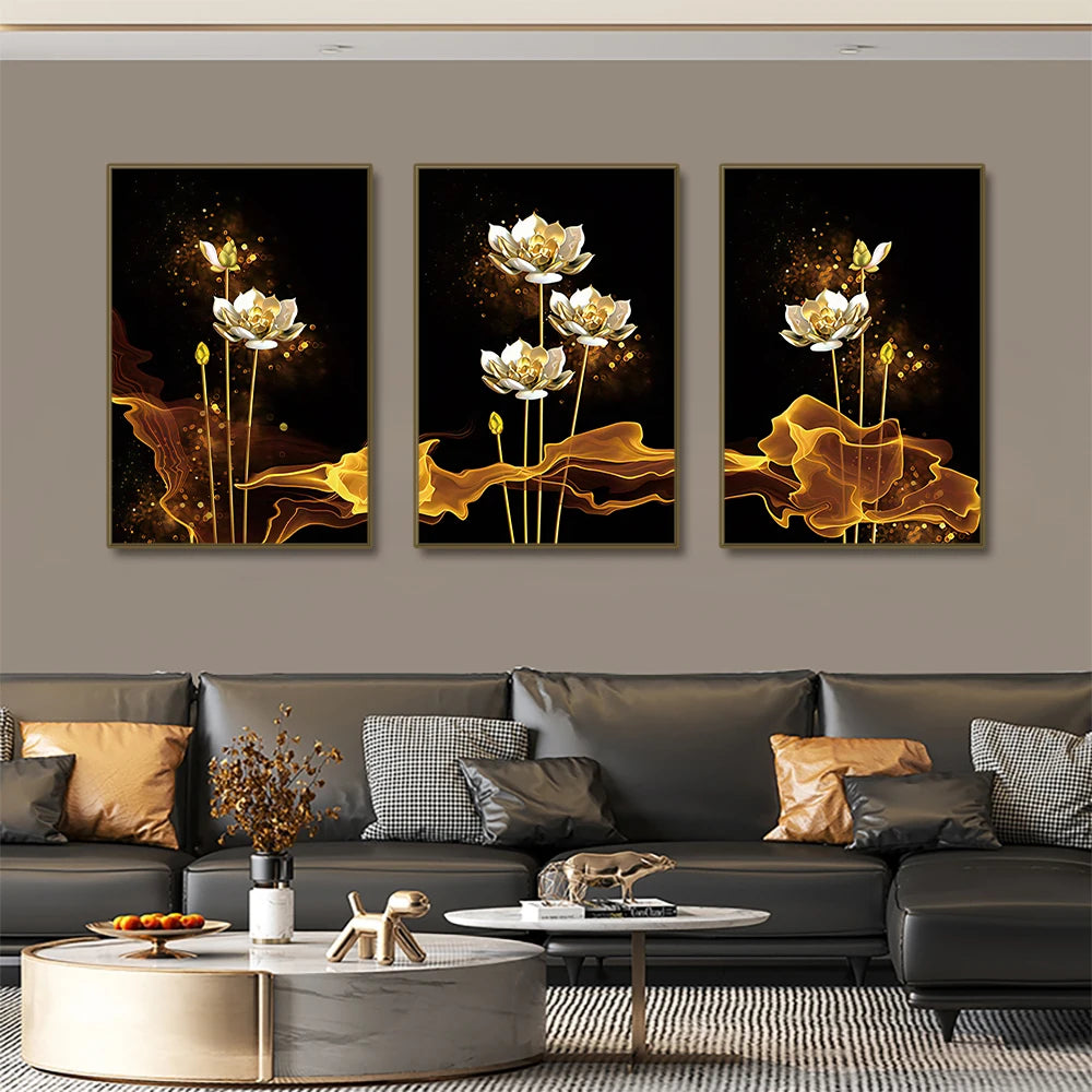 * Featured Sale * White Golden Lotus Exotic Floral Wall Art Fine Art Canvas Prints Exotic Botanic Pictures For Luxury Living Room Dining Room Bedroom Art Decor
