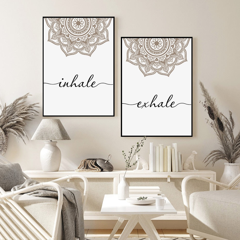 Scandinavian Floral Mandala Wall Art Inhale Exhale Quotation Posters For Meditation Yoga Inspirational Minimalist Pictures Nordic Home Wall Art Decor