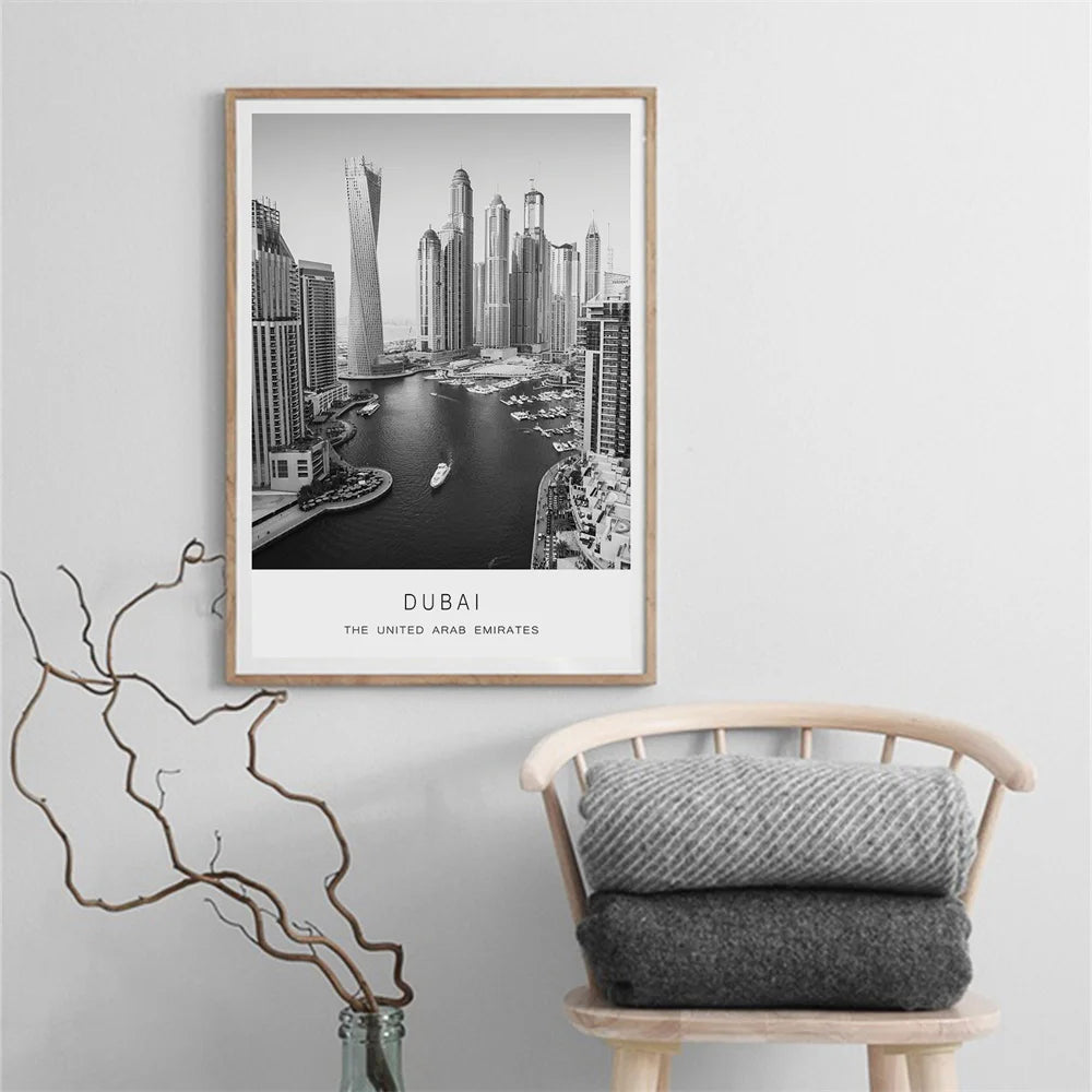 Dubai Travel Travel Poster Black and White Photo City Wall Art Prints United Arab Emirates Minimalist Office Canvas Painting