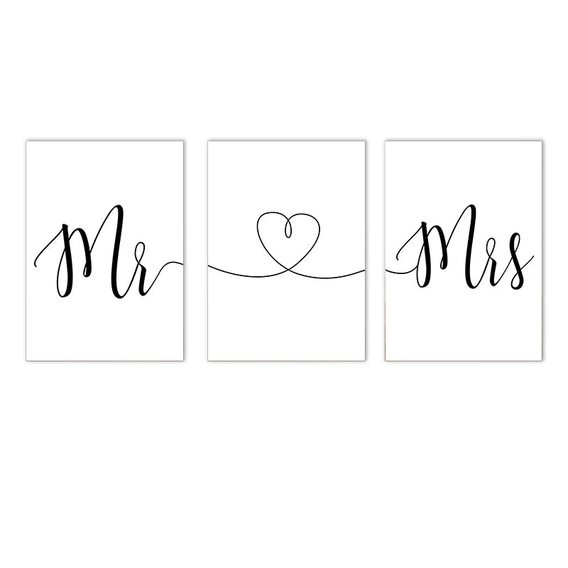 Mr & Mrs Love Heart Posters Black White Wall Art Fine Art Canvas Prints Minimalist Pictures For Bedroom Living Room Decor