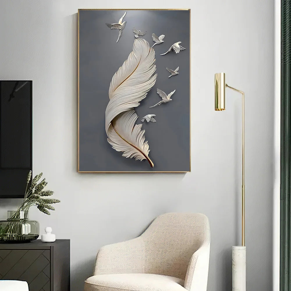 Seven Birds Feather Wall Art Fine Art Canvas Prints 3d Visualization Minimalist Abstract Pictures For Living Room Entranceway, Foyer Art Decor