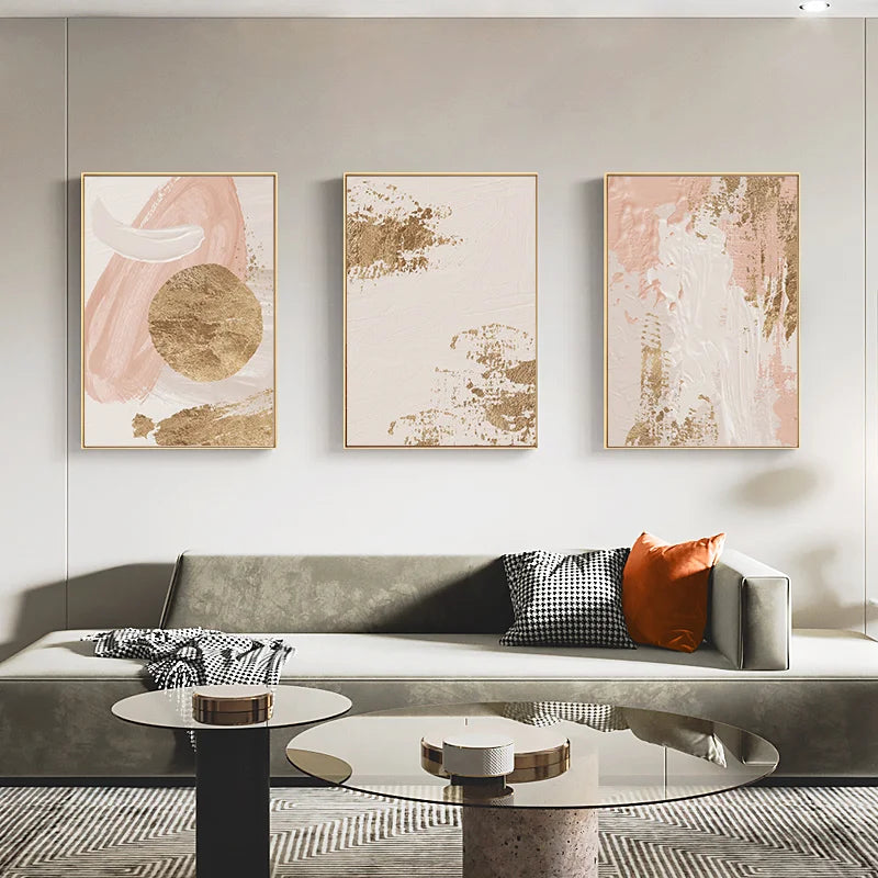 Pink Beige Golden Abstract Wall Art Fine Art Canvas Prints Pictures For Modern Living Room Bedroom Hotel Room Art Decor