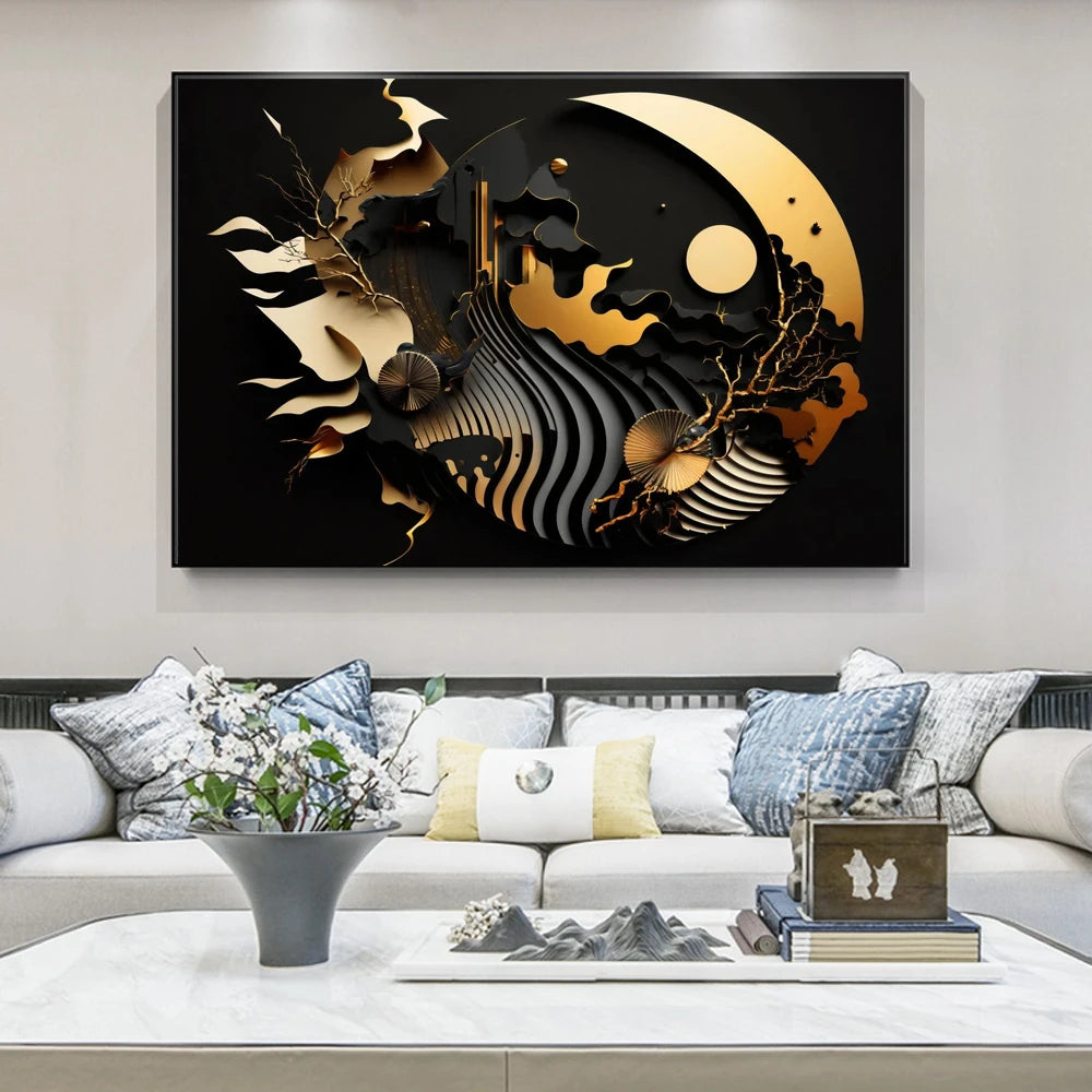 Modern Flowing Geometry Black Golden Abstract Wall Art Fine Art Canvas Prints Pictures For Living Room Dining Room Home Office Decor