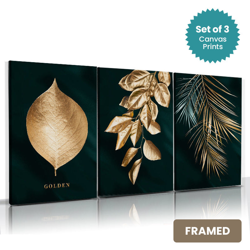 Set of 3Pcs FRAMED Nordic Tropical Golden Leaves Wall Art Fine Art Canvas Prints, Framed With Wood Frame