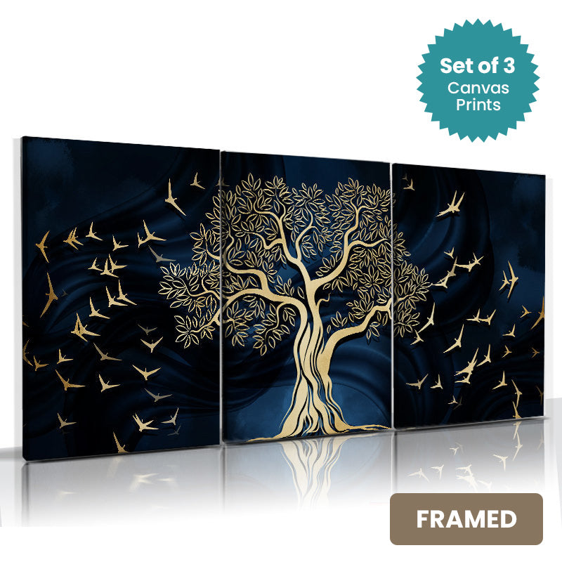 Set of 3Pcs FRAMED Nordic Auspicious Abstract Golden Tree Wall Art Fine Art Canvas Prints, Framed With Wood Frame