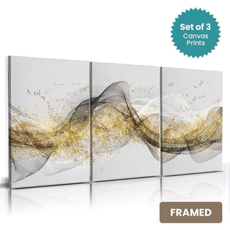 Set of 3Pcs FRAMED Nordic Abstract Golden Flowing Landscape Wall Art Fine Art Canvas Prints, Framed With Wood Frame. Sizes 20x30cm & 30x40cm