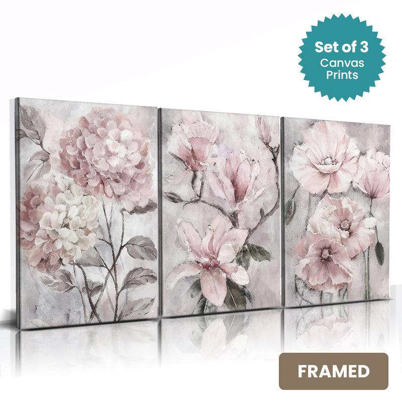 Set of 3Pcs FRAMED Nordic Big Floral Pink Gray Wall Art Fine Art Canvas Prints, Framed With Wood Frame