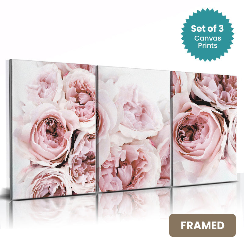 Set of 3Pcs FRAMED Nordic Modern Floral Pink Rose Peonies Wall Art Fine Art Canvas Prints, Framed With Wood Frame