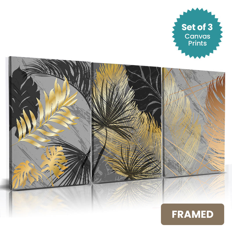 Set of 3Pcs FRAMED Nordic Golden Tropical Botanical Palm Leaves Abstract Wall Art Fine Art Canvas Prints, Framed With Wood Frame