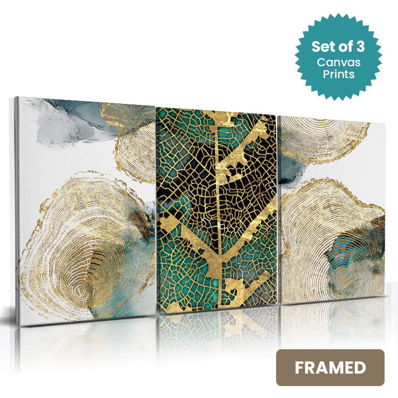 Set of 3Pcs FRAMED Nordic Tropical Gold Abstract Wall Art Fine Art Canvas Prints, Framed With Wood Frame. Sizes 20x30cm & 30x40cm