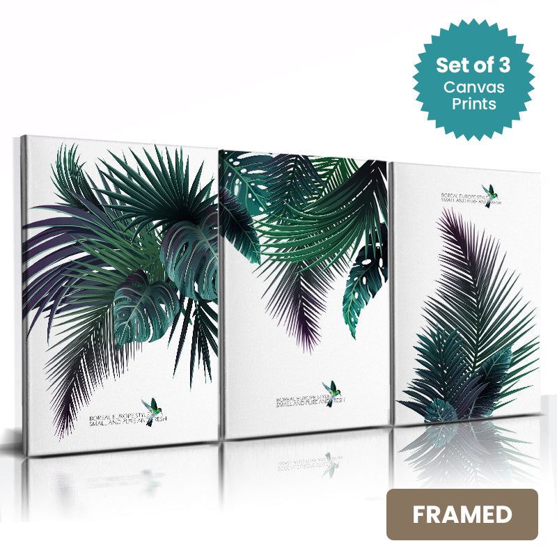 Set of 3Pcs FRAMED Nordic Tropical Botanical Green Leaves Abstract Wall Art Fine Art Canvas Prints, Framed With Wood Frame