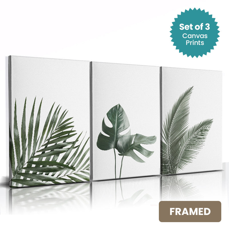 Set of 3Pcs FRAMED Nordic Minimalist Green Leaves Wall Art Fine Art Canvas Prints, Framed With Wood Frame