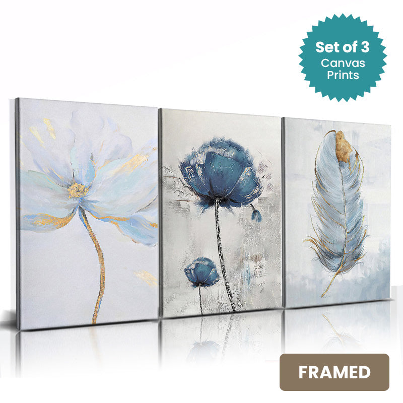 * Featured Sale * Set of 3Pcs FRAMED Nordic Floral Abstract Botanical Wall Art Fine Art Canvas Prints, Framed With Wood Frame. Sizes 20x30cm & 30x40cm