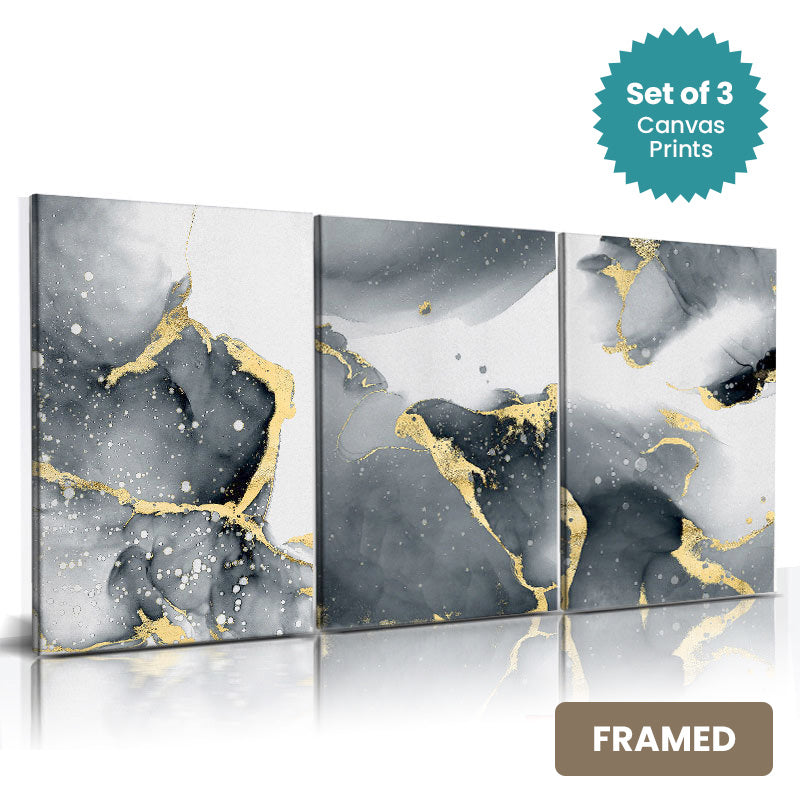 Set of 3Pcs FRAMED Nordic Marble Abstract Wall Art Fine Art Canvas Prints, Framed With Wood Frame