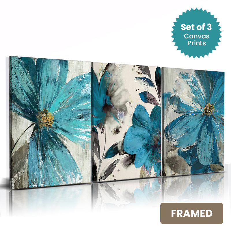 Set of 3Pcs FRAMED Nordic Big Floral Abstract Wall Art Fine Art Canvas Prints, Framed With Wood Frame