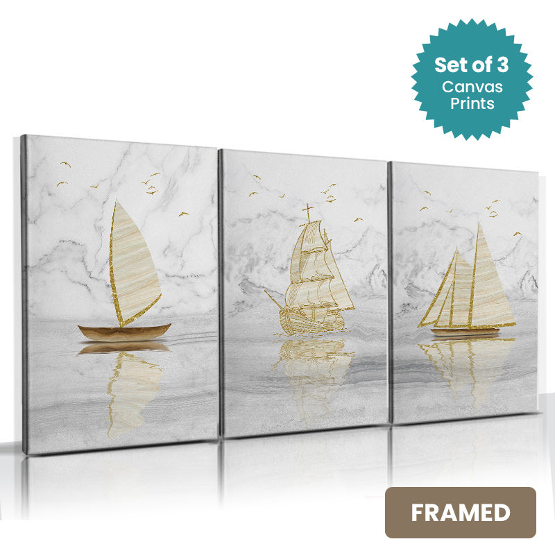 Set of 3Pcs FRAMED Nordic Abstract Golden Sailing Ships Wall Art Fine Art Canvas Prints, Framed With Wood Frame