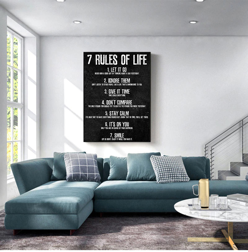 Seven Rules Of Life Daily Mantra Poster Wall Art Black & White Prints Inspirational Pictures For Living Room Bedroom Home Office Art Decor