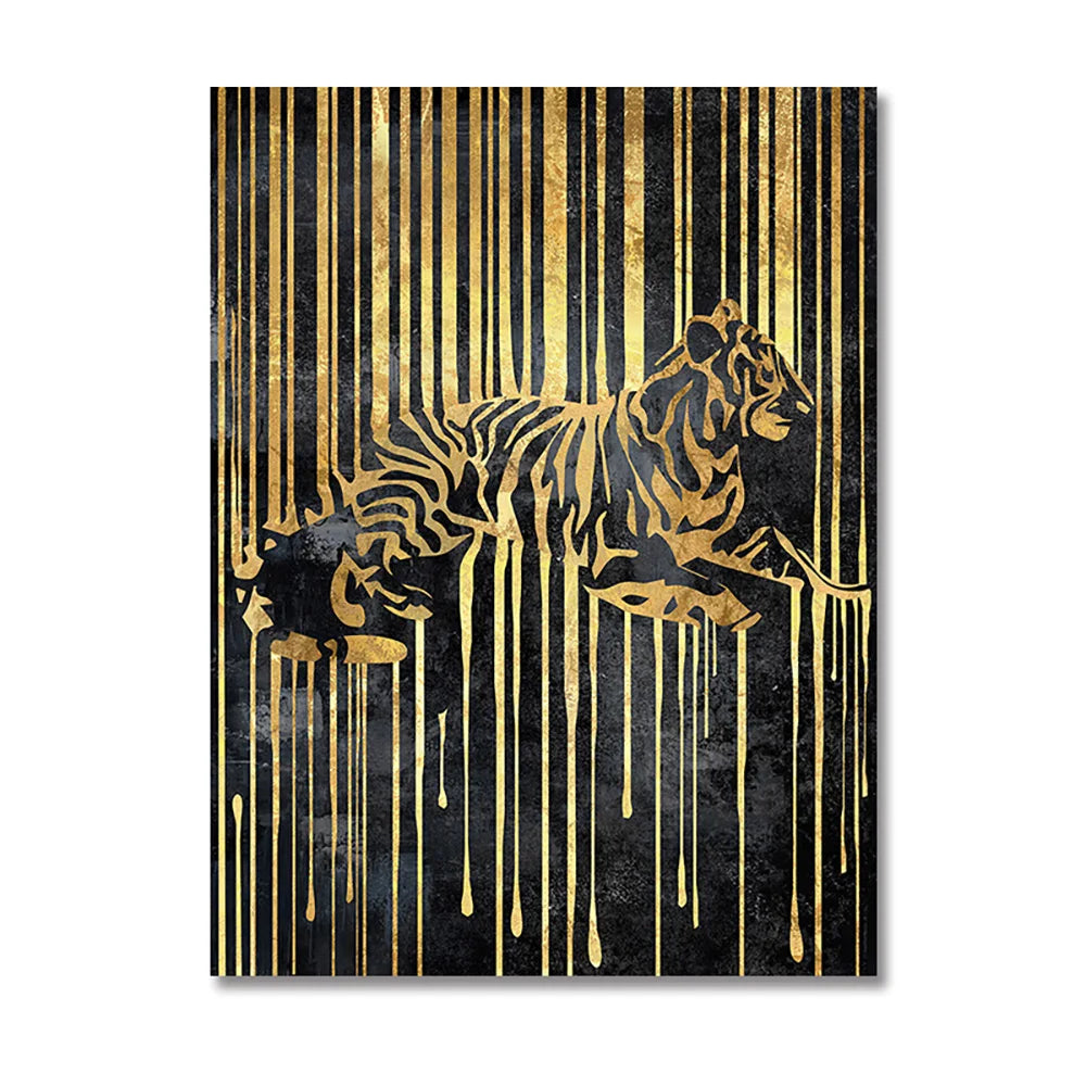 Modern Abstract Golden Zebra Lines Lion Elephant Tiger Wall Art Fine Art Canvas Prints Pictures For Luxury Apartment Living Room Dining Room Art Decor