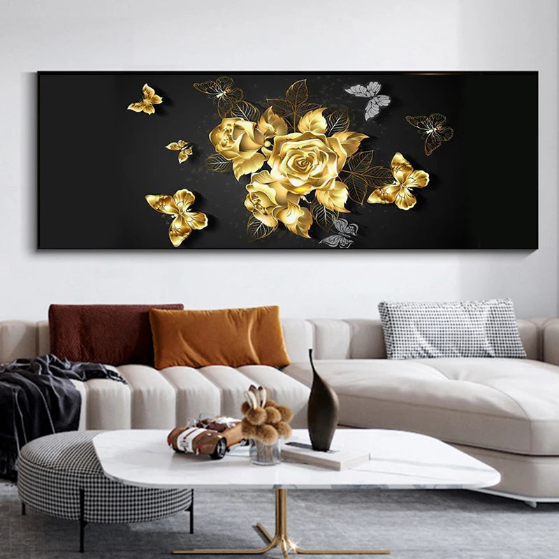 Light Luxury Black Golden Rose Floral Wall Art Fine Art Canvas Prints Wide Format Pictures For Above The Sofa Art For Above The Bed