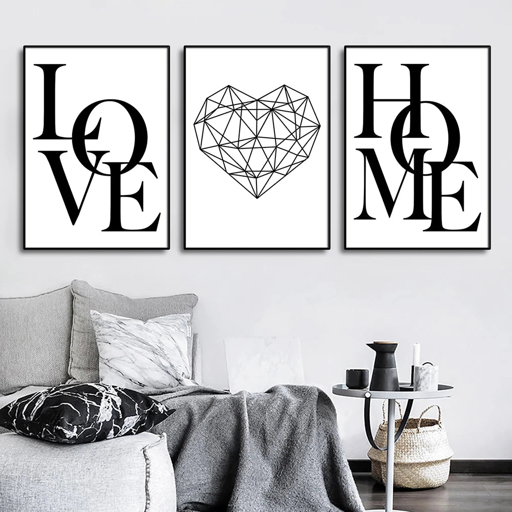 * Featured Sale * Set of 3Pcs Geometric Love Home Heart Wall Art Fine Art Canvas Prints Black White Minimalist Posters Pictures For Living Room Bedroom Art Decor