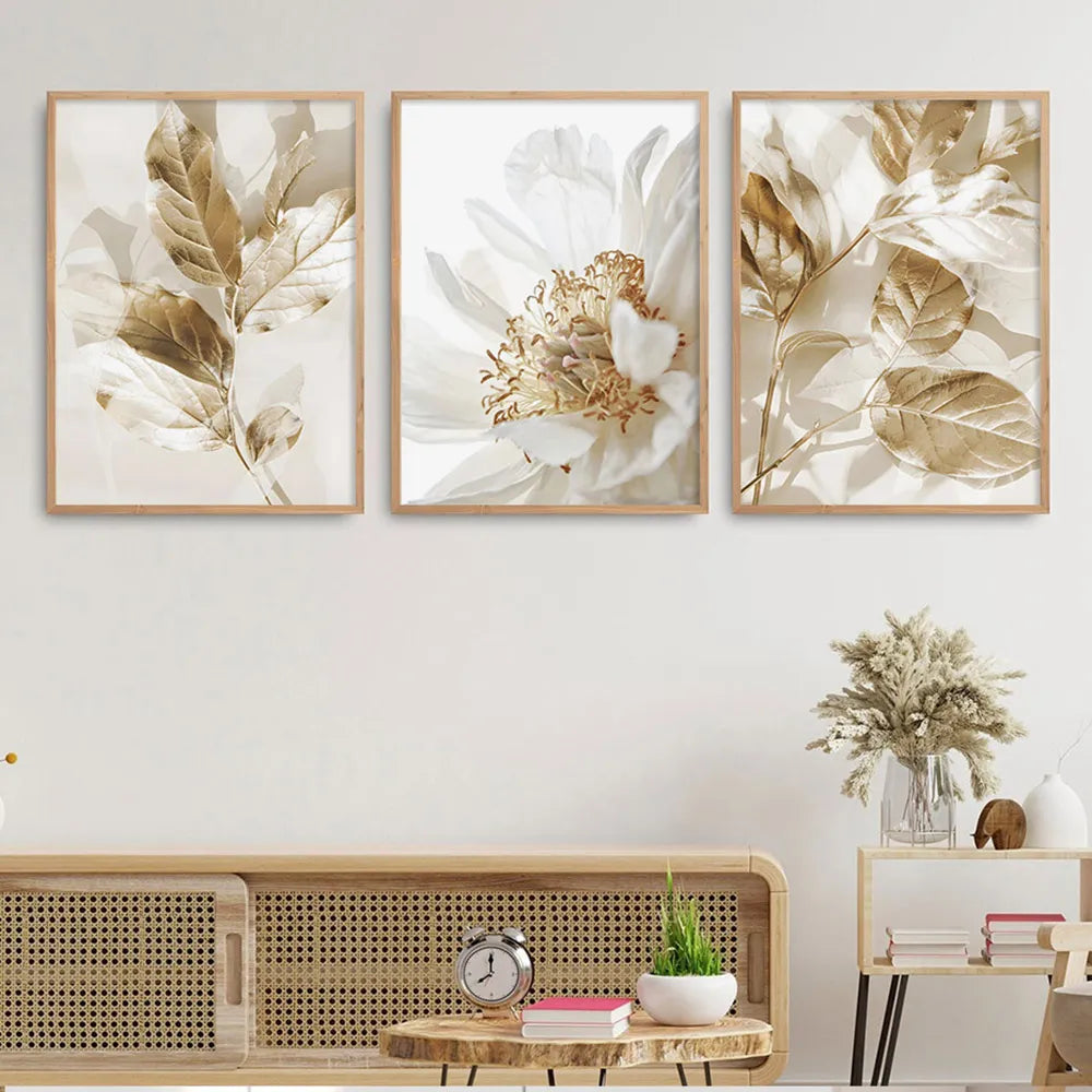 Modern White & Golden Floral Wall Art Fine Art Canvas Prints Pictures For Living Room Dining Room Bedroom Art Decor (Set of 3Pcs)