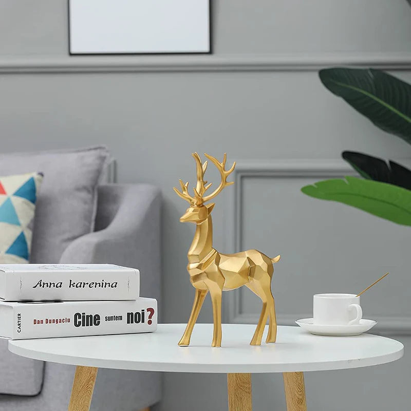 Nordic Golden Geometric Reindeer Figurines Auspicious Resin Statues Sculptures For Living Room Coffee Table Mantelpiece Scandinavian Home Decorations