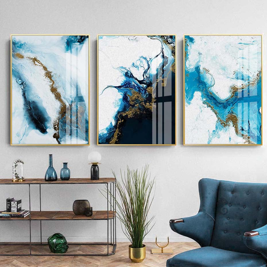 Shades Of Blue Liquid Marble Wall Art Fine Art Canvas Print Nordic Abstract Pictures For Luxury Living Room Boutique Hotel Bedroom Home Art Decor