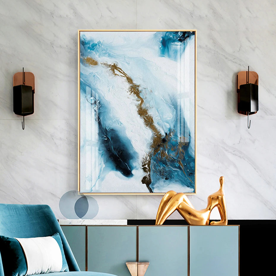 Shades Of Blue Liquid Marble Wall Art Fine Art Canvas Print Nordic Abstract Pictures For Luxury Living Room Boutique Hotel Bedroom Home Art Decor